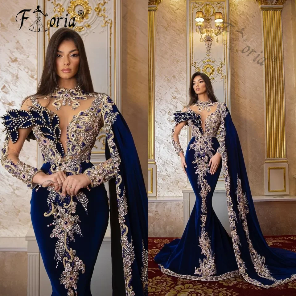 Vestidos de Noche de sirena de terciopelo con cuentas de cristal de lujo, azul real, costura, manga larga, apliques de Dubai, fiesta de graduación,