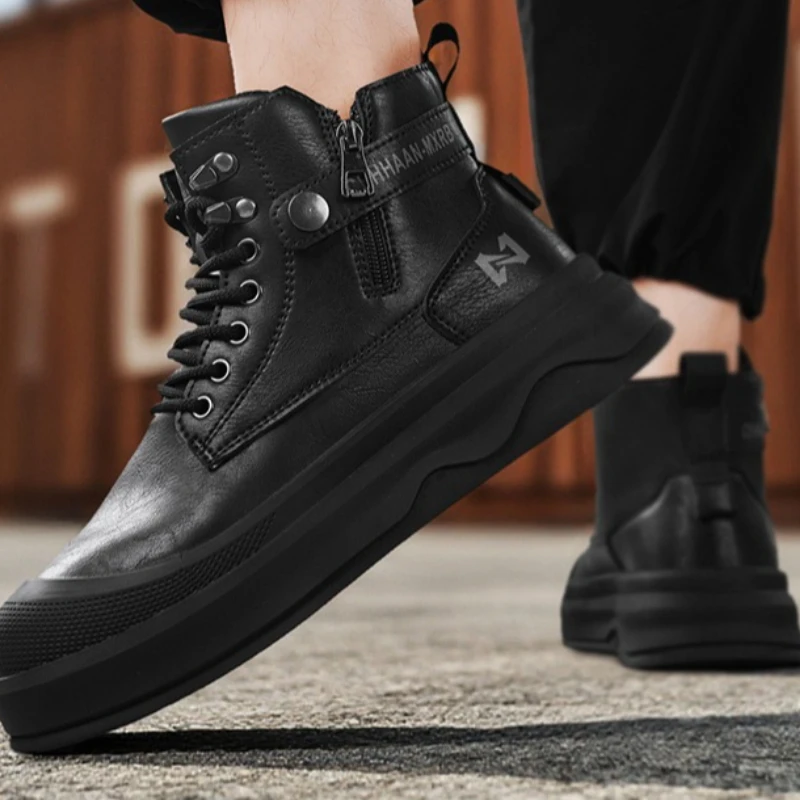 

Men's Mid-top Boots Large-sized Durable Solid Color Retro Style Fashionable Lace-up Flat High-quality Workwear Casual Boots