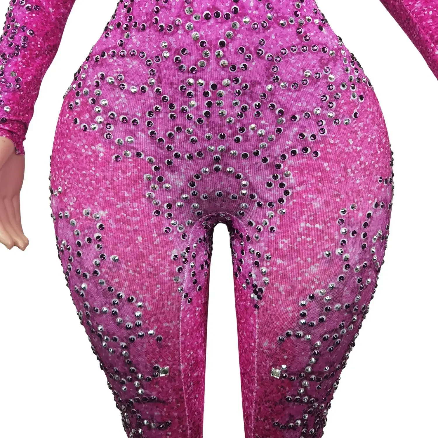 Shining Rhinestone Performance Costumes Party Prom Bodycon Jumpsuits Sexy Pink High Necked and Backless One Piece Bodysuit