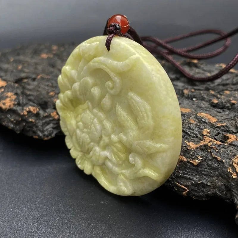 Natural Lantian Jade Handmade Carving Peony Pendant Fashion Boutique Jewelry Men's Women's Women's Magpie Necklace Gift