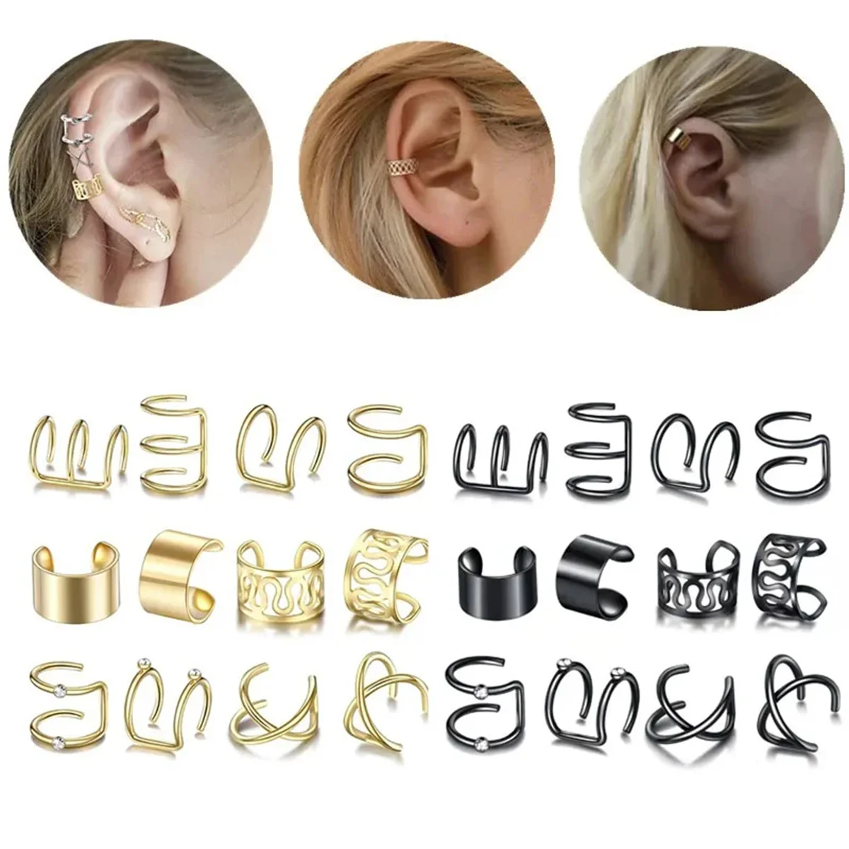 

12pcs Fashion 316L Stainless Steel Hollow Non Piercing Earrings,Clip On Ear Cuff Earring Hoop Suitable for Vacation Wearing