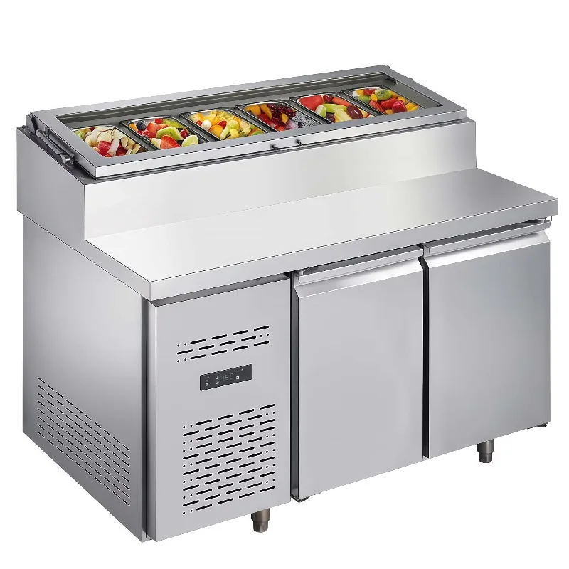Durable sandwich prep station with static cooling refrigerator, sandwich prep station for salad prep in pizzeria