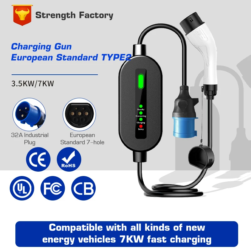 7kw EV Portable Charger Car Charger Portable Charging Box 32A for Electric Vehicle Lndicator Light