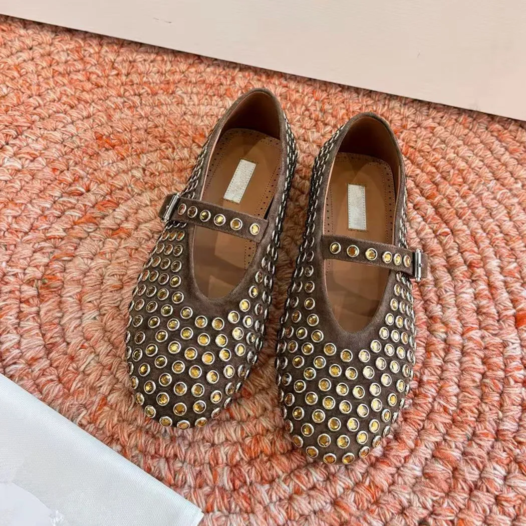 Luxury Designer Suede Diamond Ballet Shoes Flat Bottom Shallow Mouth Single Shoes Women's One Word Buckle with French Mary Jane
