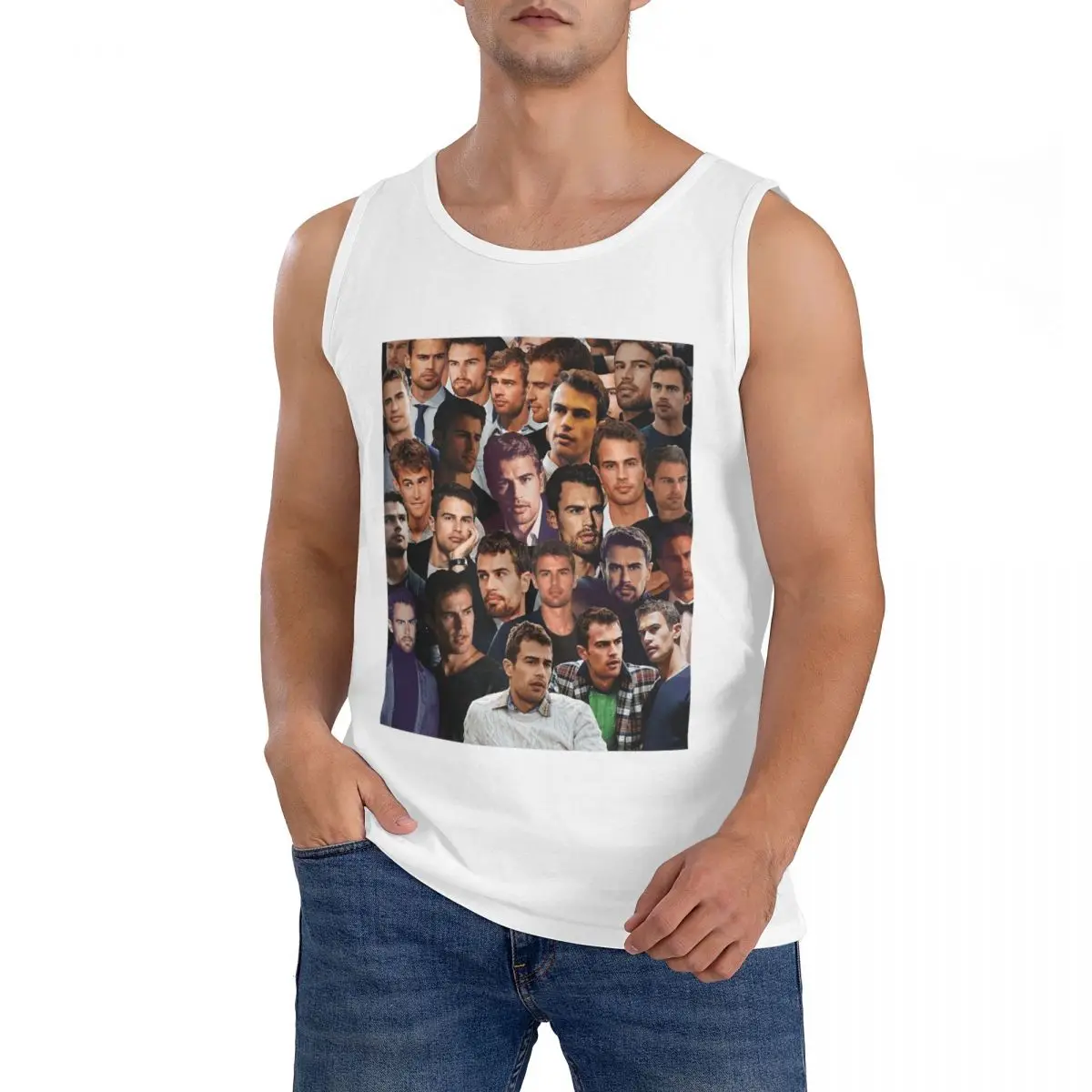 100% Cotton Theo James Photo Collage Sleeveless T-Shirt Men Workout Sports Clothing Tops Men's Crew Neck Vest