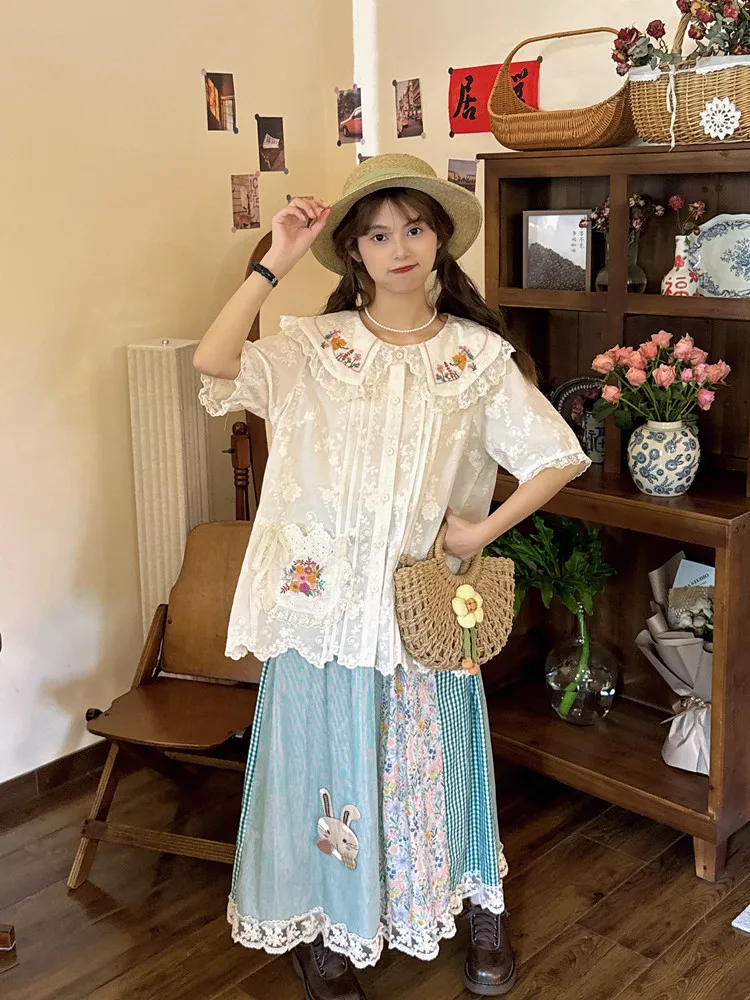 Mori Fashion Lace Short Sleeve Shirt Summer Retro Girl Flower Embroidered Peter Pan Collar Blouse Ladies Sweet Top All-match