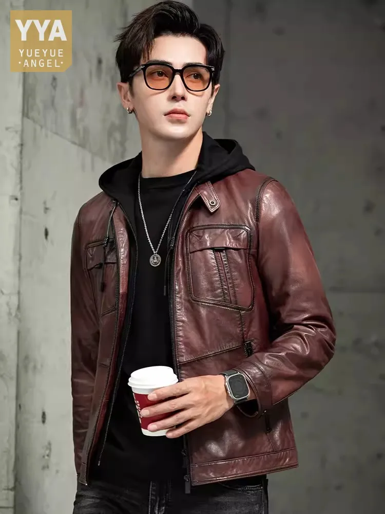 

Autumn Fashion Men Slim Fit Hat Detachable Coat Motorcycle Biker Goat Skin Genuine Leather Jacket Top Quality Casual Work Jacket