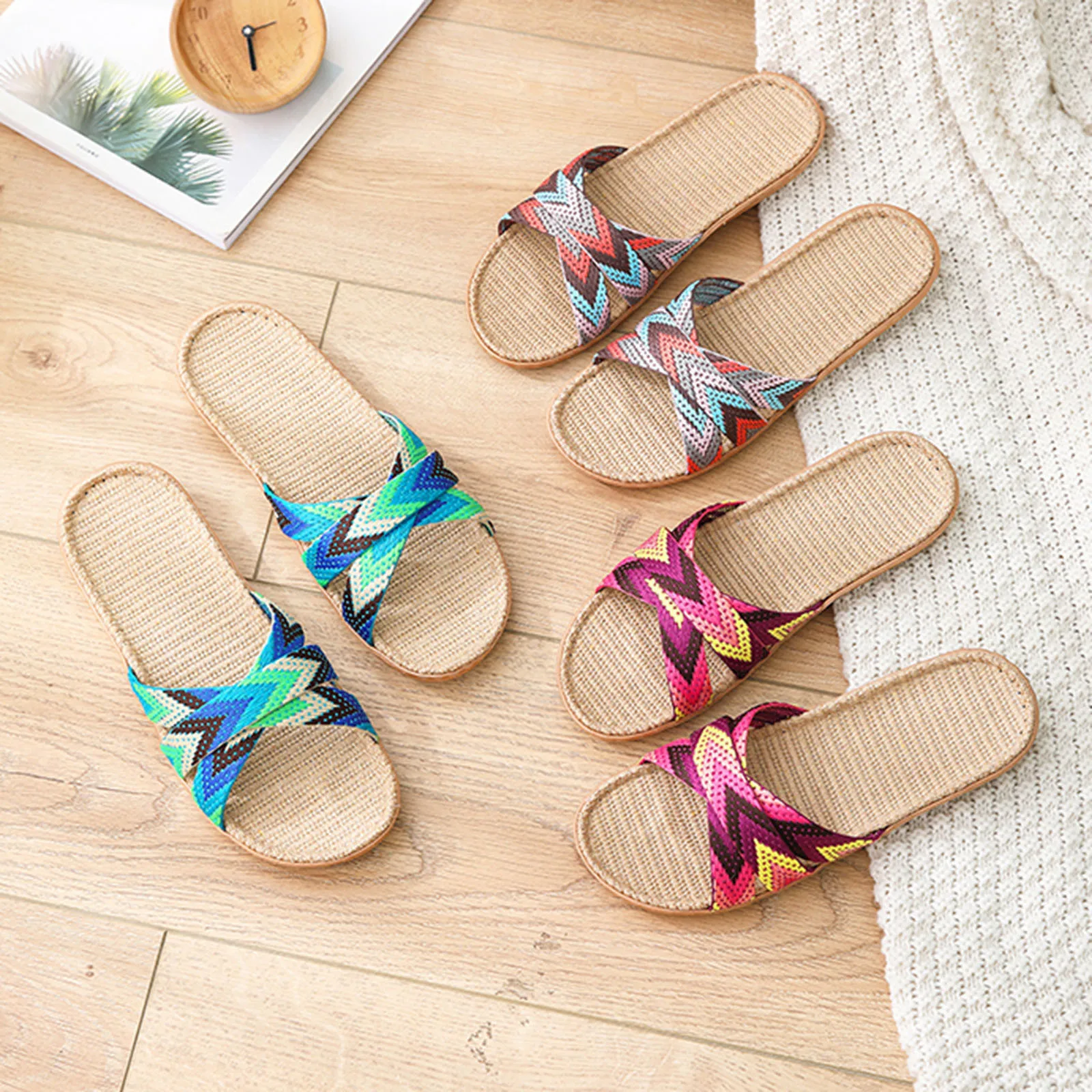 Linen Slippers Open Toe Mixed Colors Weave Women Beach Linen Shoes 2024 Summer Fashion All Match Comfortable Flat Slippers