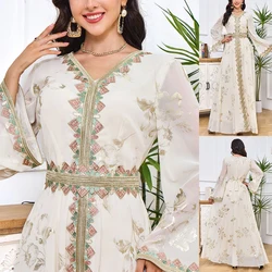 Fashion Long Sleeve Moroccan Dress Women Muslim Clothing Embroidered Kaftan Belted Abaya Long Dress Ramadan Eid Muslim Dresses