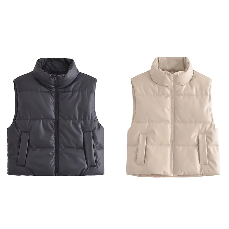 

Ladies' Jacket New Style for Autumn 2025 Solid Color Sleeveless Stand Collar Synthetic Faux Leather Cotton Vest Jacket Casual