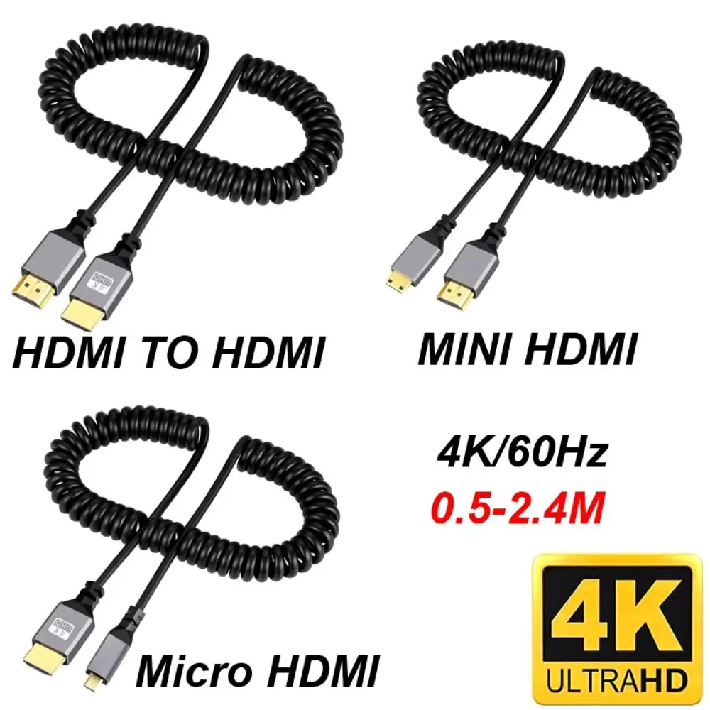 4K 60HZ Micro Mini HDMI TO HDMI SPIRAL CABLE 0.5-2.4M ยืดหยุ่น HDMI ฤดูใบไม้ผลิสายขยายชายชายปลั๊กสาย