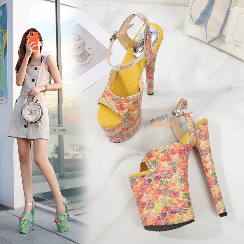 

20cm Super High Heel Buckle Strap Lady Sandals Stiletto Outdoor Model Catwalk Shoes Sexy Sequined Cloth Mixed Colors Women Shoes