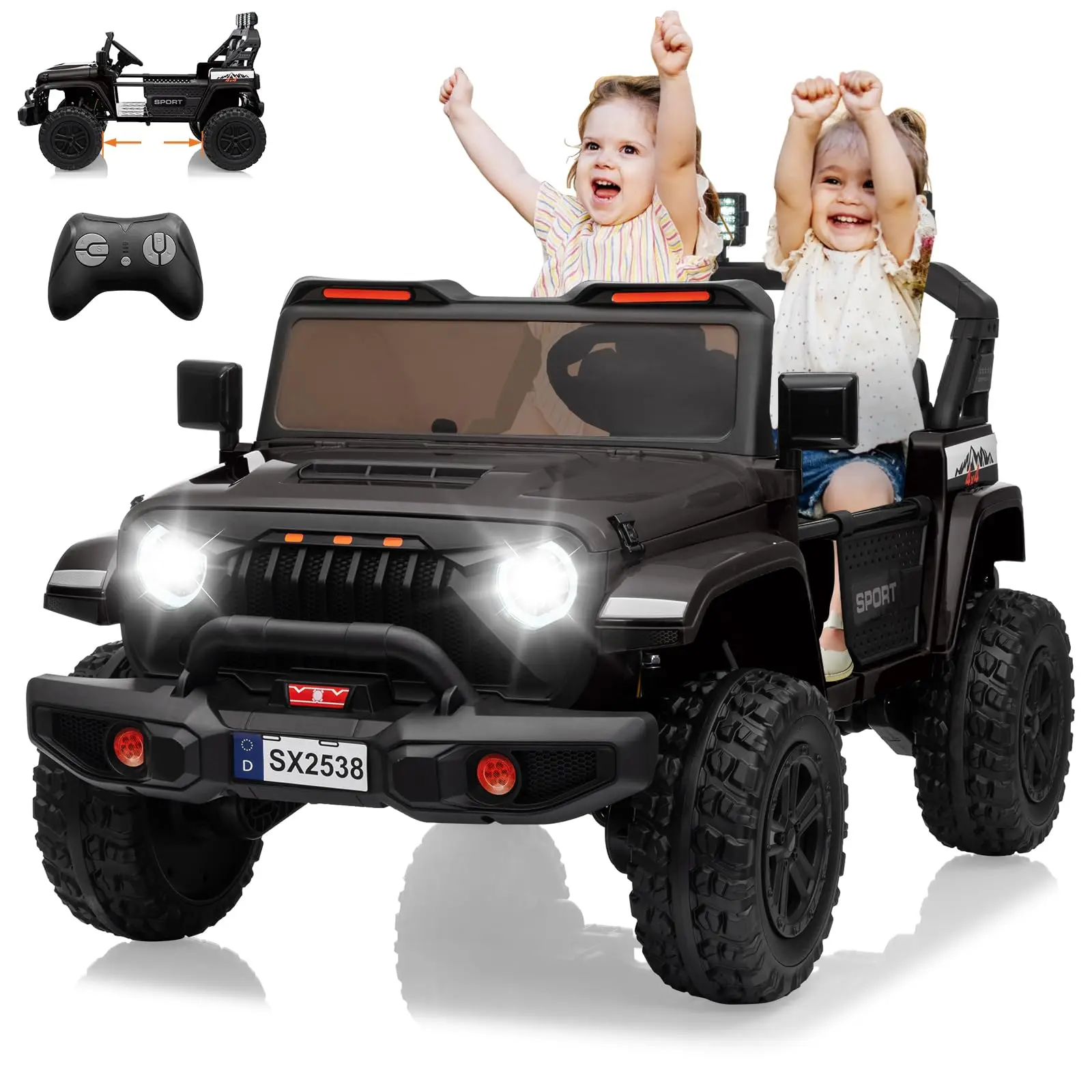 Zabawki na akumulator 24V dla starszych dzieci, dwuosobowy ciężarówka na akumulator, regulowana karoseria 4WD, elektryczny samochód dla dzieci z 3 regulowanymi prędkościami