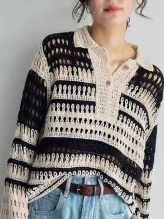Retro Hollow out Long Sve Women's Knitted Sweater ort Sle Loose Lazy Faion Autumn New Arrival No Brand Registered