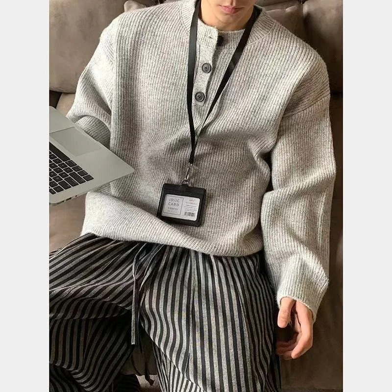 

Winter New Men's ey Knitted Sweater Henry Collar American Retro Lazy Sle Trendy Jaet Loose Fit Casual Long Sve Top