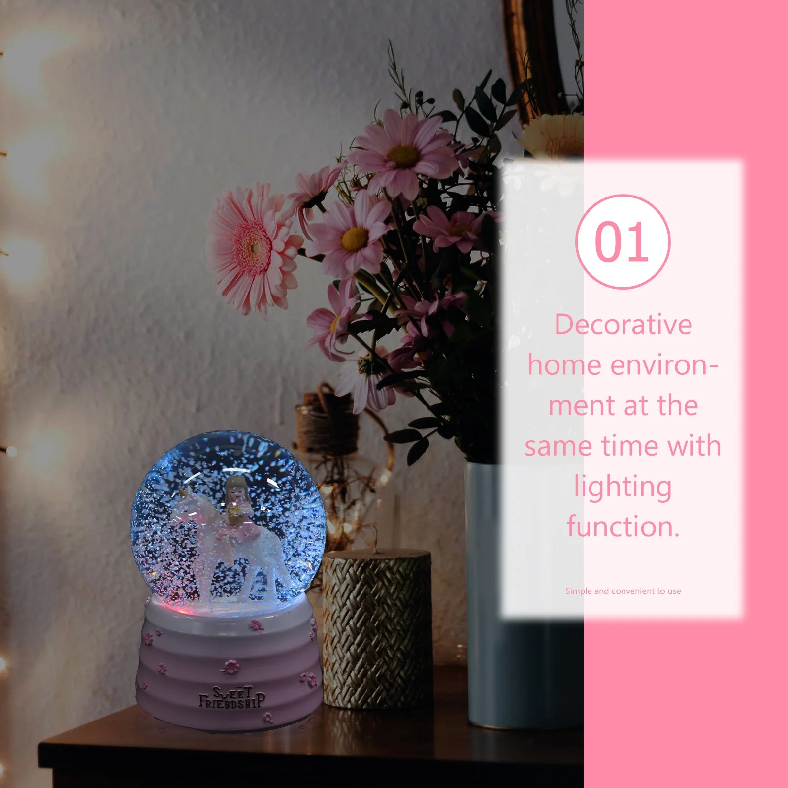 

Unicorn Music Box Small Crystal Balls Decorative Spheres Gift Girl Bedroom Ornament Pink Office