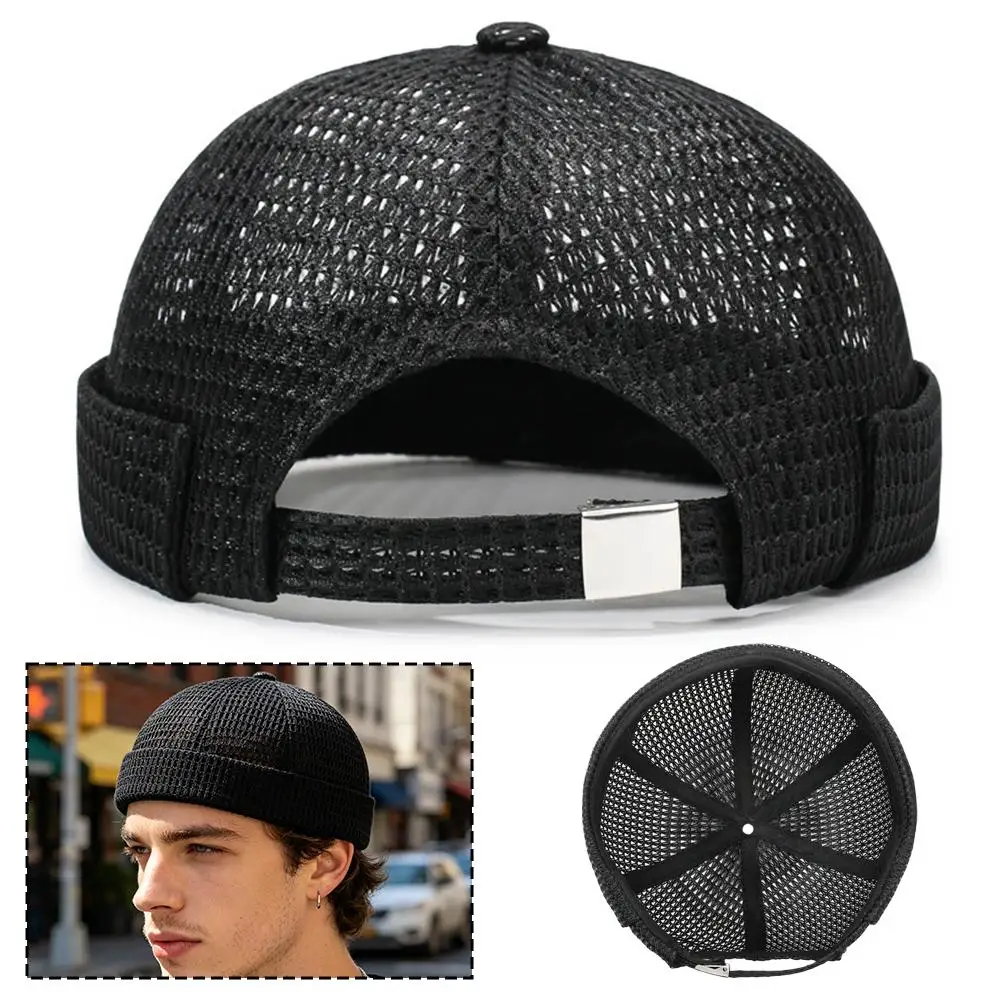 Summer Mesh Melon Skin Hat Breathable Ultra-Light Docker Beanies Hat Adjustable Brimless Hip Hop Cap Sailor Landlord Cap