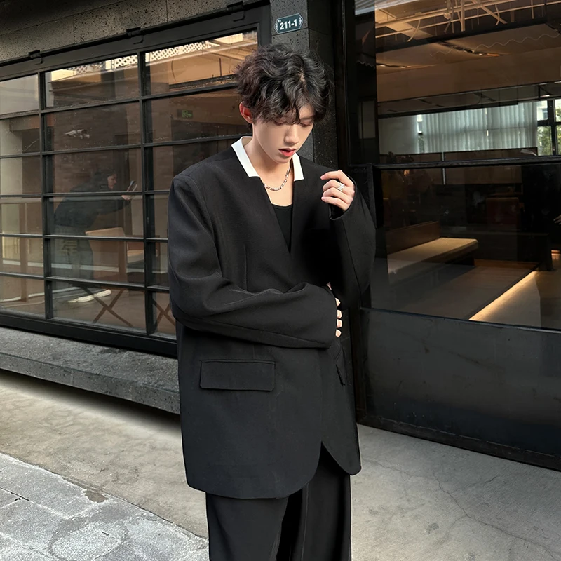 Black/White Men Blazer Collarless Contrast Color Streetwear One Button Long Sleeve Fashion Men Casual Suit Jacket 3XL-M