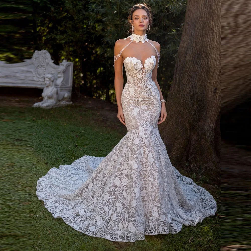 

Modern Sweetheart Sleeveless Robe De Mariée Customized Elegant Mermaid Lace Wedding Dress Charming Appliques Vestido De Novia