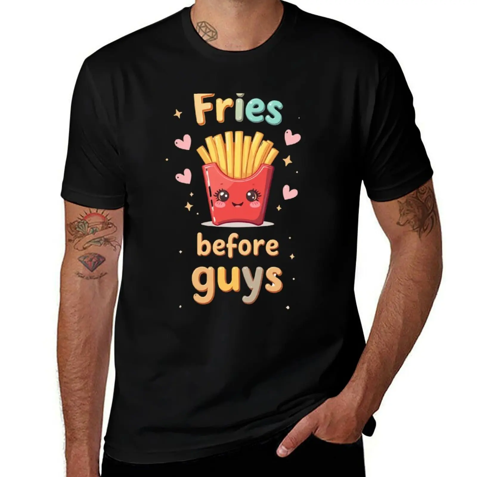 Fries before guys ? Food Puns T-Shirt Casual Breathable Short Sleeve Top T-Shirt