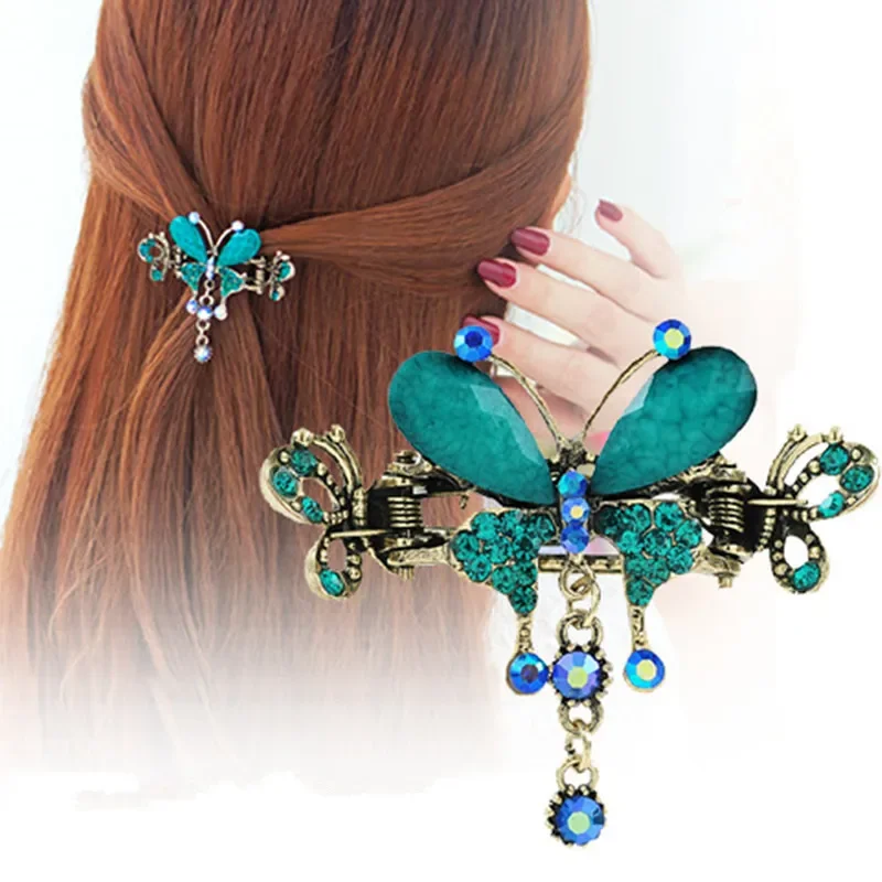 Crystal Butterfly Hair Clips Turquoise Flower Elegant Hair Crab Clip Popular Women Girls Alloy HairPins Hair Styling Accessories