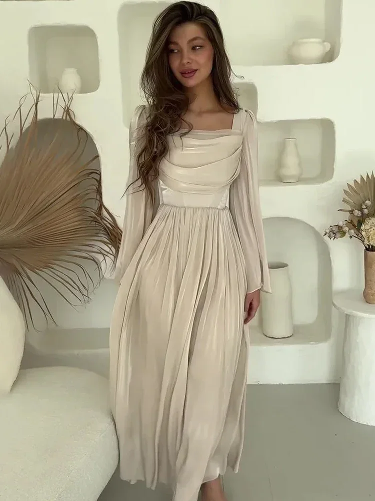 Elegant Satin Pleated Long Dress Women Summer Fashion Solid Color Sexy Slim Long Sleeve Party Dinner Dress Long Dress 2024