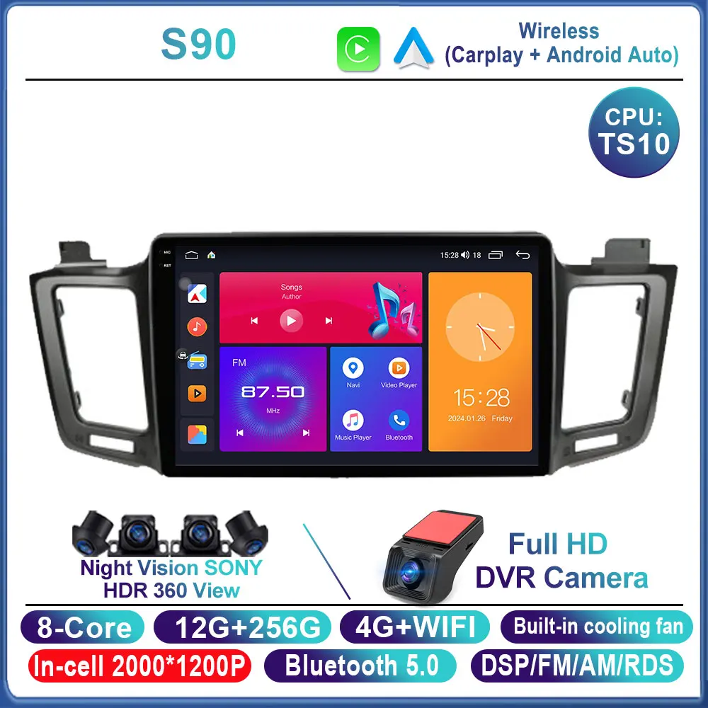 Android 14 autoradio voor Toyota RAV4 2014 2015 2016 2017 2018 LHD, touchscreen, Auto Carplay, DSP, GPS, QLED scherm, WIFI, geen 2Din DVD
