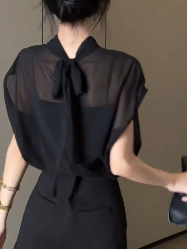 Camisa de Chifón Negra para Mujer con Cuello Mao y Manga Corta, con Lazo, Estilo Coreano, Holgada, a la Moda, Verano 2026