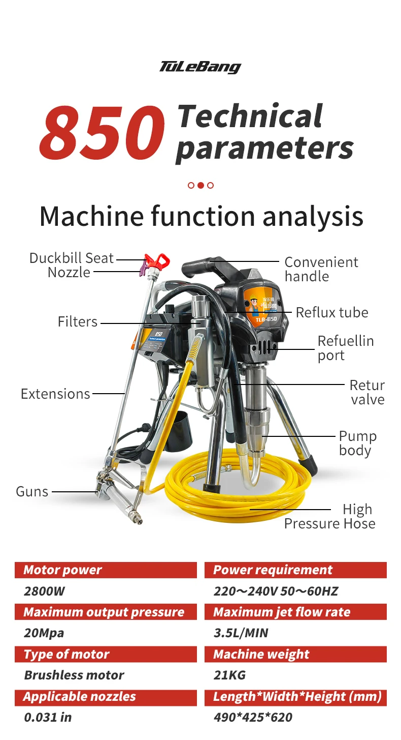 Elektrische Hochdruck Airless Sprayer 850 Hohe Leistung Haushalt Wand Finish Farbe 2800W 3.5L Spannung 220 ~ 240V 50 ~ 60HZ