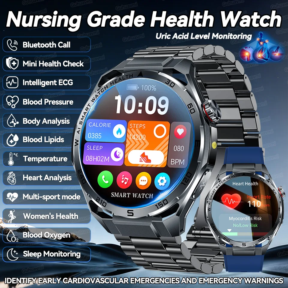 

Умные часы Hot AI-GPT Diagosis ECG для мужчин с функцией измерения артериального давления, уровня липидов и мочевой кислоты, сапфировым экраном и анализом состояния сердца.