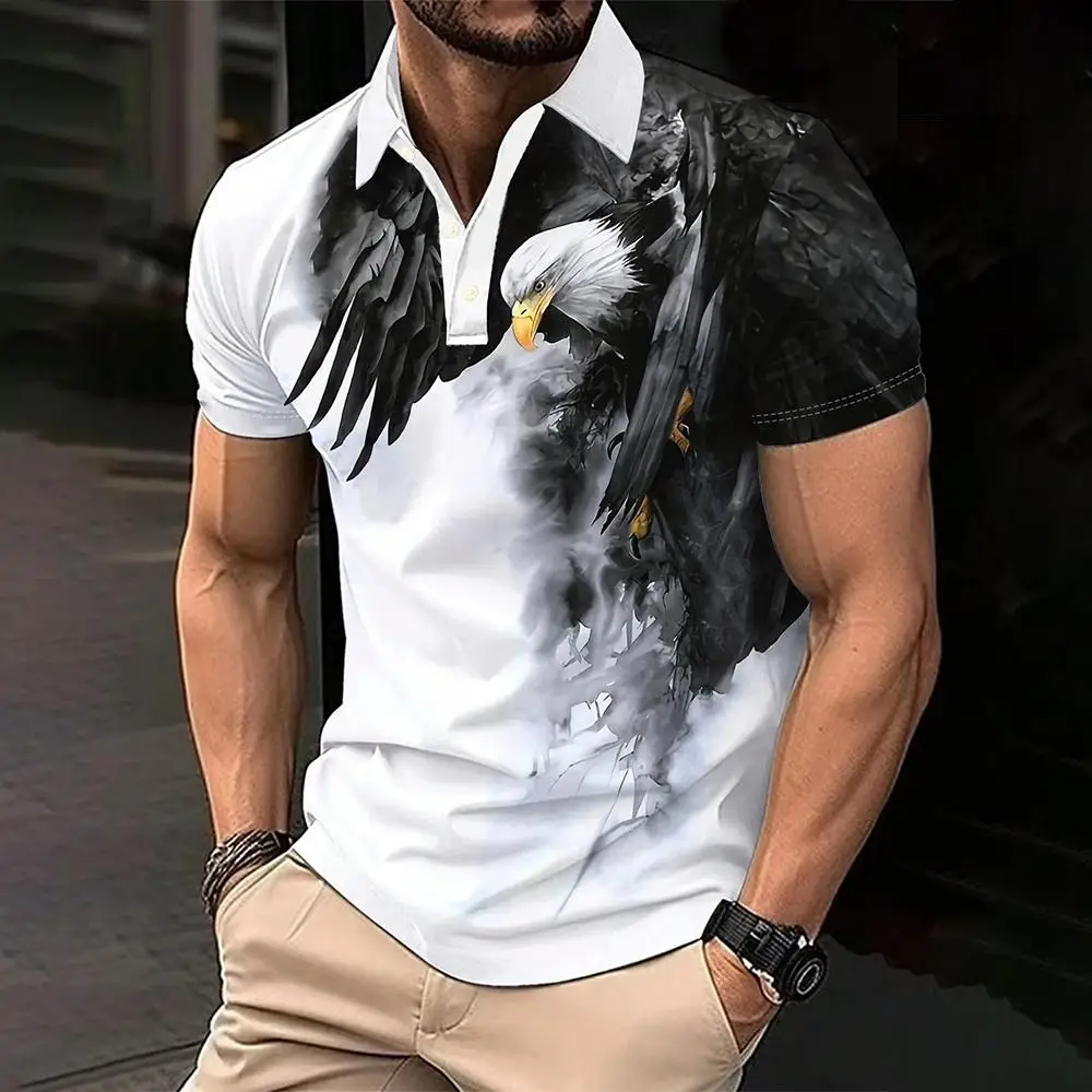 Eagle Graphic Men's Polo Shirt Summer Cozy Breathable Trendy Streetwear Daily Casual Versatile Lapel Button Short Sleeve Tops