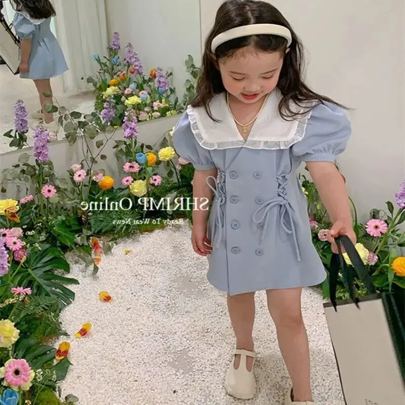 

Girl's Doll Neck Suit Dress 2024 Summer New Baby Waist Wrap Bubble Sleeves Princess Dress Little Girl Dress