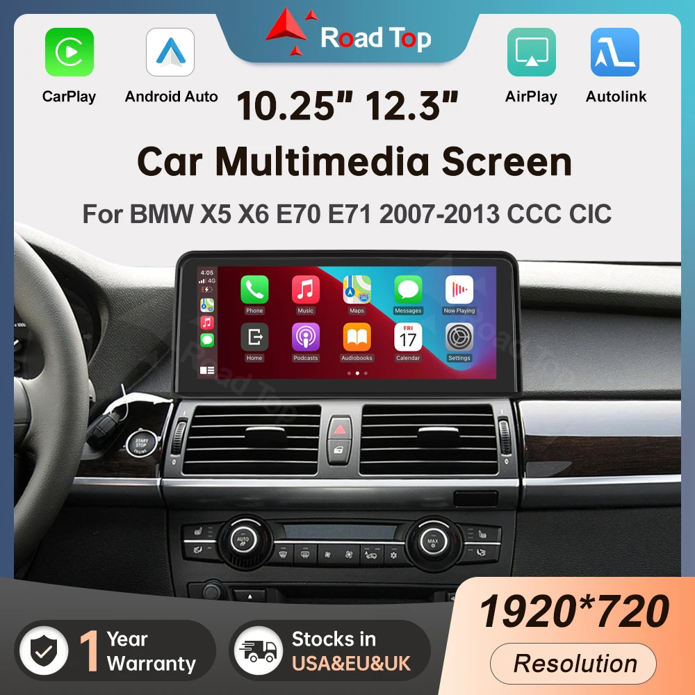 Road Top 1920*720 écran tactile sans fil Carplay Android Auto pour BMW X5 E70 X6 E71 2007-2013 CCC CIC affichage multimédia de voiture