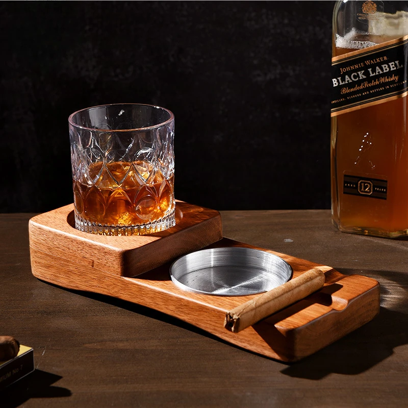 Solid wood cigar ashtray, whiskey cup holder, American creative cigar storage box