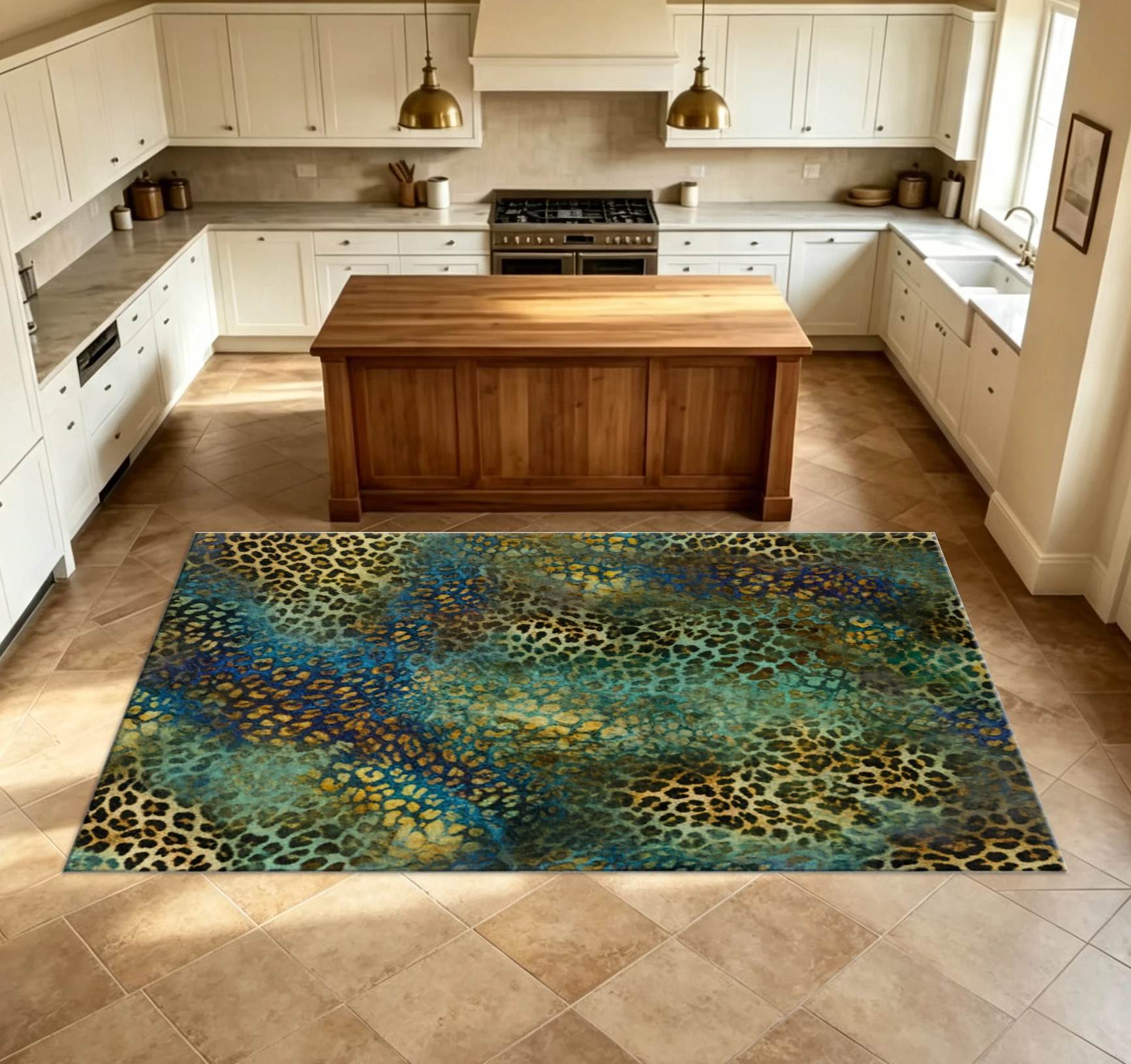 Vintage Blue-Green Leopard Print Carpet, Tie-Dye Animal Skin Pattern Non-Slip Floor Carpet, Suitable for Bedroom, Living Room, Home Decoration