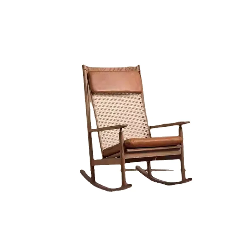 

ZC Solid Wood Rocking Chair Balcony Living Room Nap Lying Chair Vintage Rattan Rattan Chair