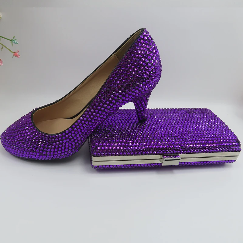 Dark Purple Crystal wedding shoes with matching bags bride party dress High heels platform shoes Round Toe High Pumps and Purse