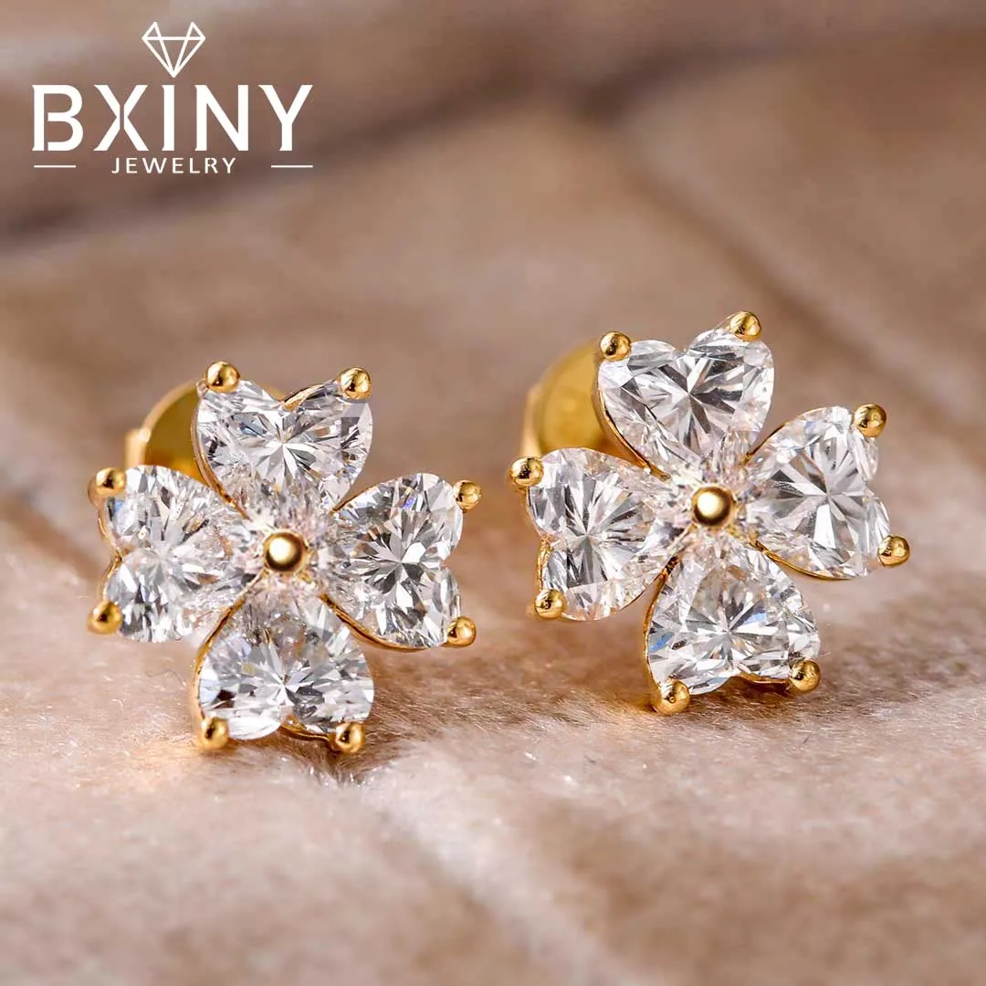 

BXINY 4-канальные серьги с муассанитом в форме сердца S925, серебряные сертифицированные бриллианты, серьги-гвоздики с цветами для женщин, свадебные подарки, ювелирные украшения