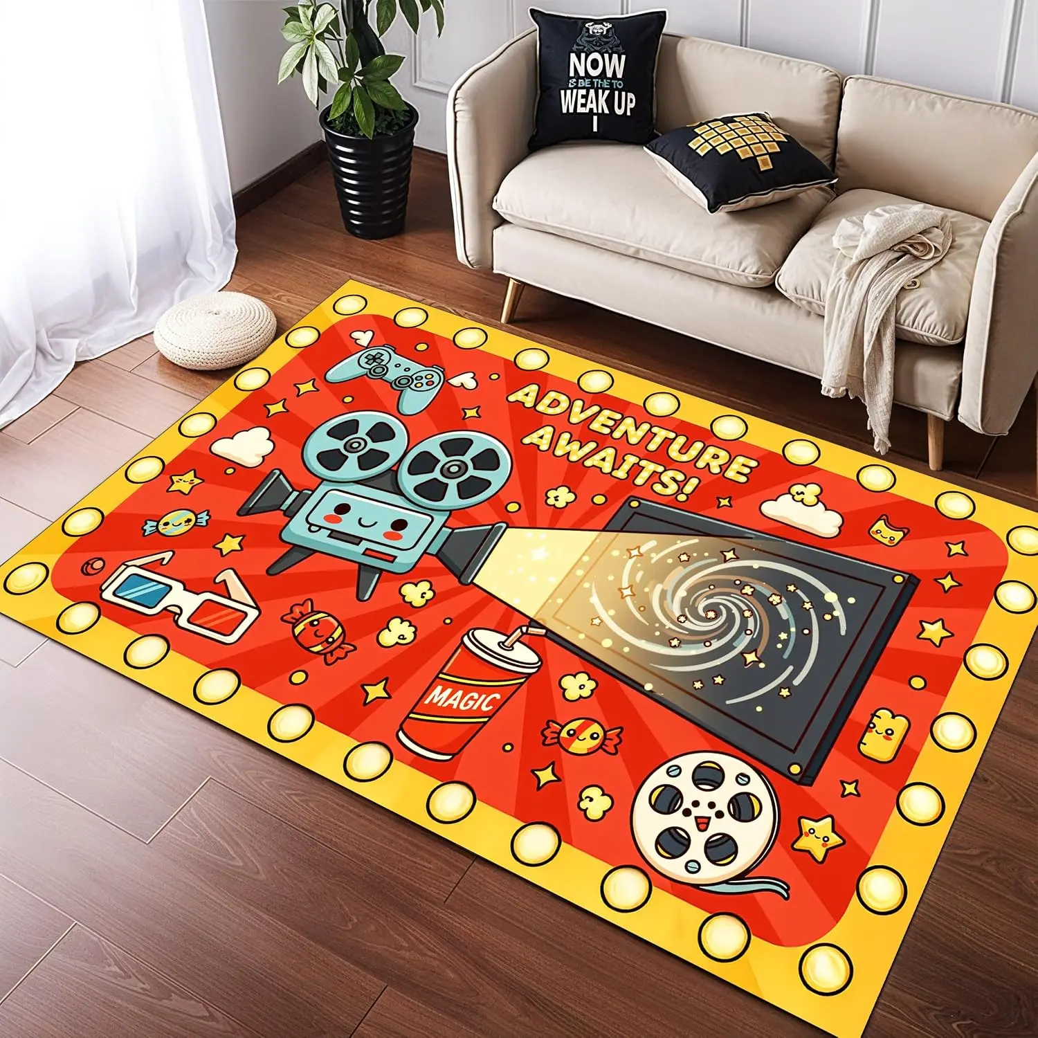 Movie Night Cinema Washable Rug, Soft Non-Slip Carpet for Home Theater Living Room