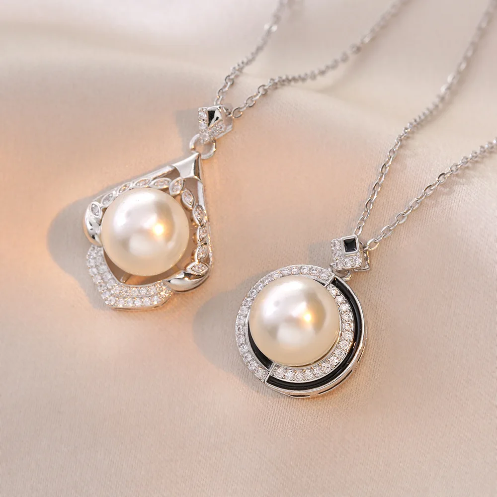 Geometric Shaped Women Pearl Pendant Necklace Full Shiny CZ Aesthetic Wedding Accessories Stainless Steel Chain Trendy Jewelry