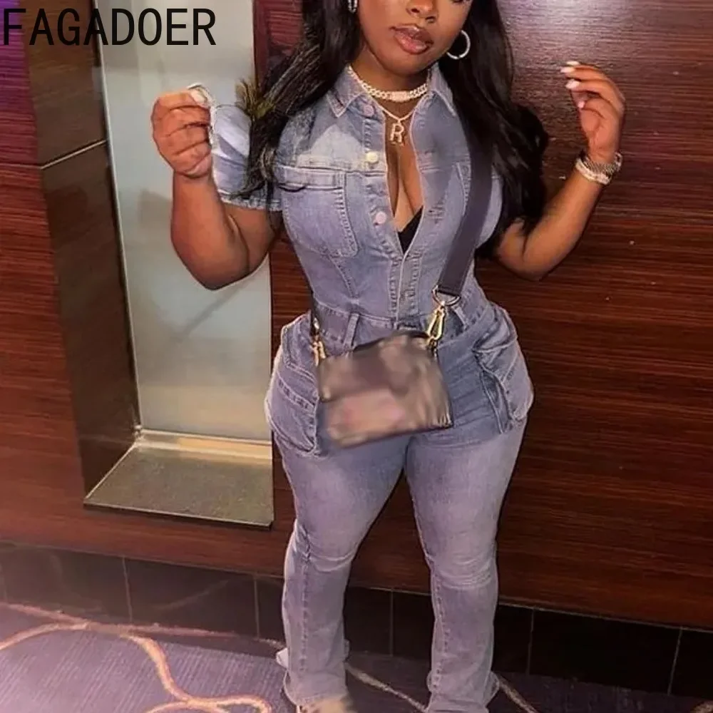 FAGADOER Blue Denim Jumpsuits Women Fashion Short Sleeve Lapel Cargo Pocket Stretchy Bodycon One Pieces Jeans Overall Streetwear