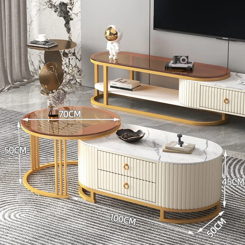 Modern Oval Sintered Stone Coffee Table with Extendable Top Luxury Living Room TV Stand Combo Minimalist Home Furniture