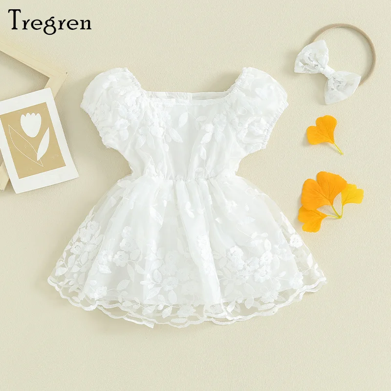 Tregren Newborn Baby Girls Rompers Dress Flower Embroidered Puff Sleeve Layered Tulle Skirt Hem Infant Bodysuits with Headband