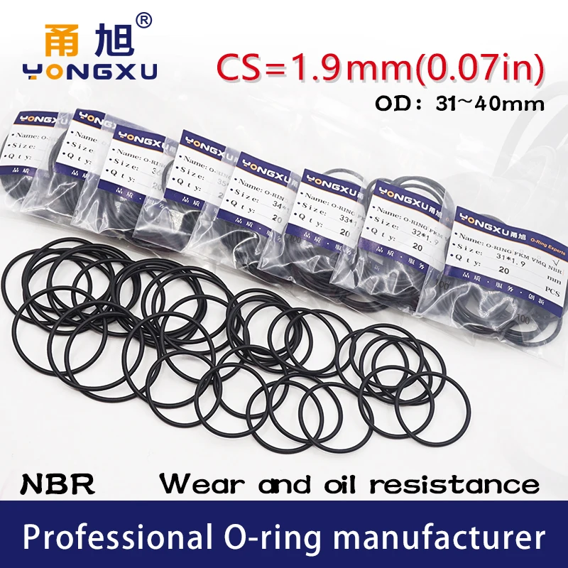 20PCS/Lot Black NBR Nitrile Rubber Sealing O Ring CS1.9mm OD31/32/33/34/35/36/37/38/39/40*1.9mm Gasket Oil ORings Washer