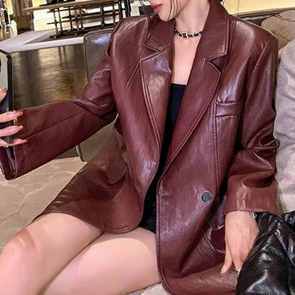 Angola red fried street retro leather jacket suit 2026 spring and autumn new loose Hong Kong style leather jacket women's top