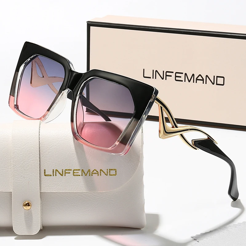 LINFEMAND Modische dekorative Sonnenbrille mit quadratischem Rahmen, UV400, einzigartige Metallbeindekoration, Sommer, Strand, Party, Tanz, Festival, Geschenk