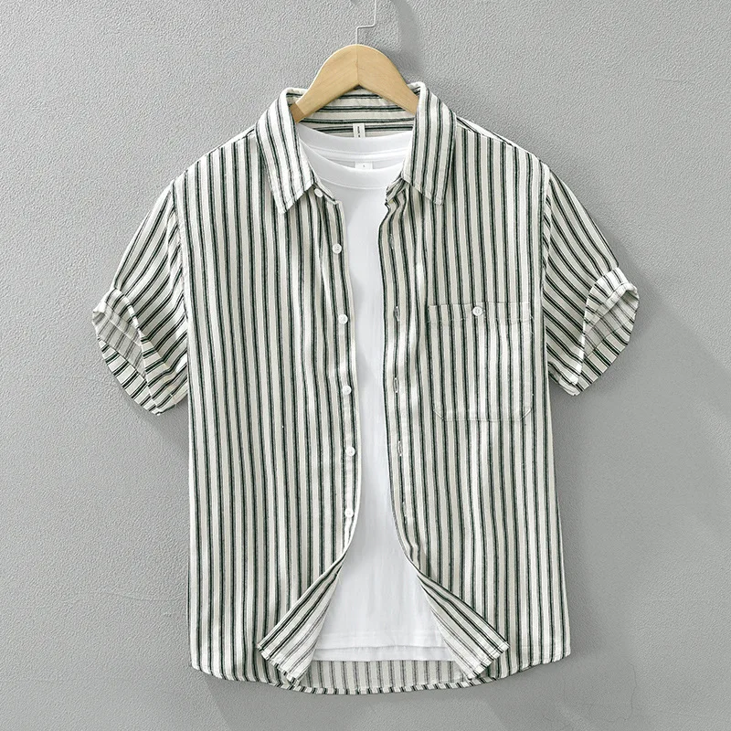 100% Cotton Men's Striped Short-sleeved Shirts Japanese Fresh Fashion All-match Shirt Casual Loose Top Spring Summer