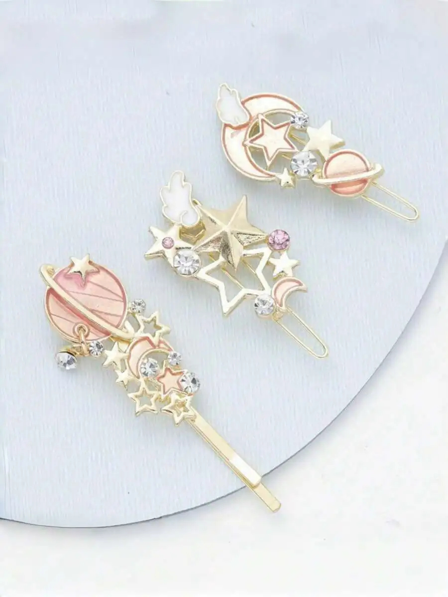 

3pcs Fantasy Starry Sky Hair Clips With Glitter Stars Planets Wings For Women Outdoor Travel Accessory