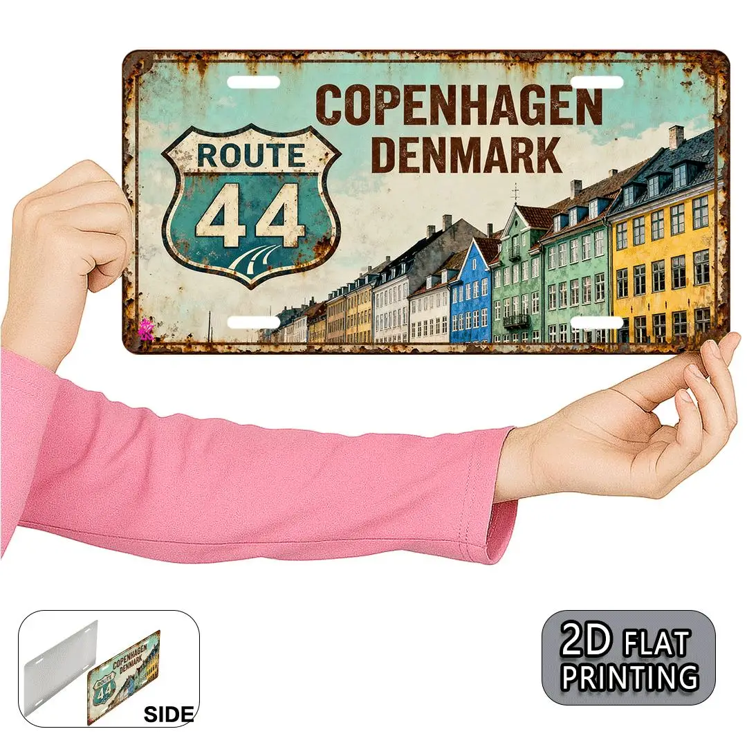 2D Flat -Metal Wall Plaque,Copenhagen Denmark-30x15cm Vintage Danish Nyhavn with Route 44 And Iconic Houses,Rustic Scandinavian