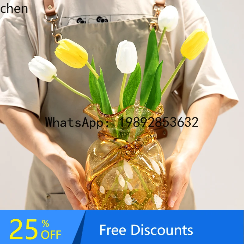 

Amber Gold Gilded Candy Bag Glass Vase Home Desktop Entrance Money Bag Decorative Ornament Hydroponic Vase